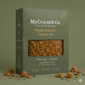 A dark green MyCrunch Co. Maple Roasted Cluster Mix family box on a matching green background, featuring a cutout window displaying nut-free granola clusters, surrounded by scattered ingredients.