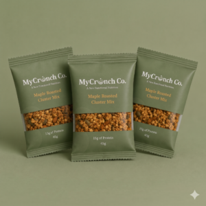 Three single-serve snack packs of MyCrunch Co. Maple Roasted Cluster Mix standing upright against a matching green background, highlighting the nut-free granola clusters packaging.